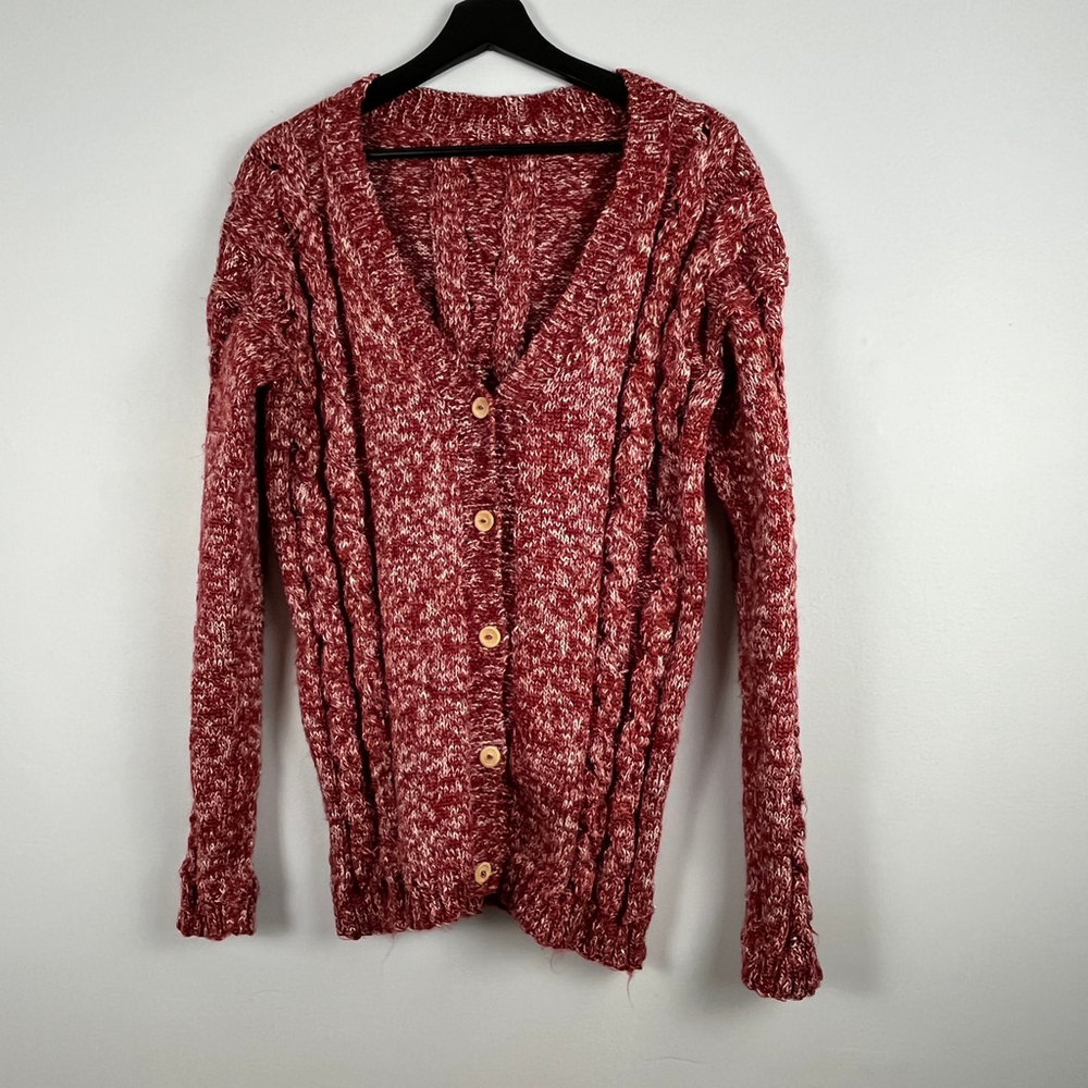 Handmade women cable knit cardigan sweater burgundy red size l